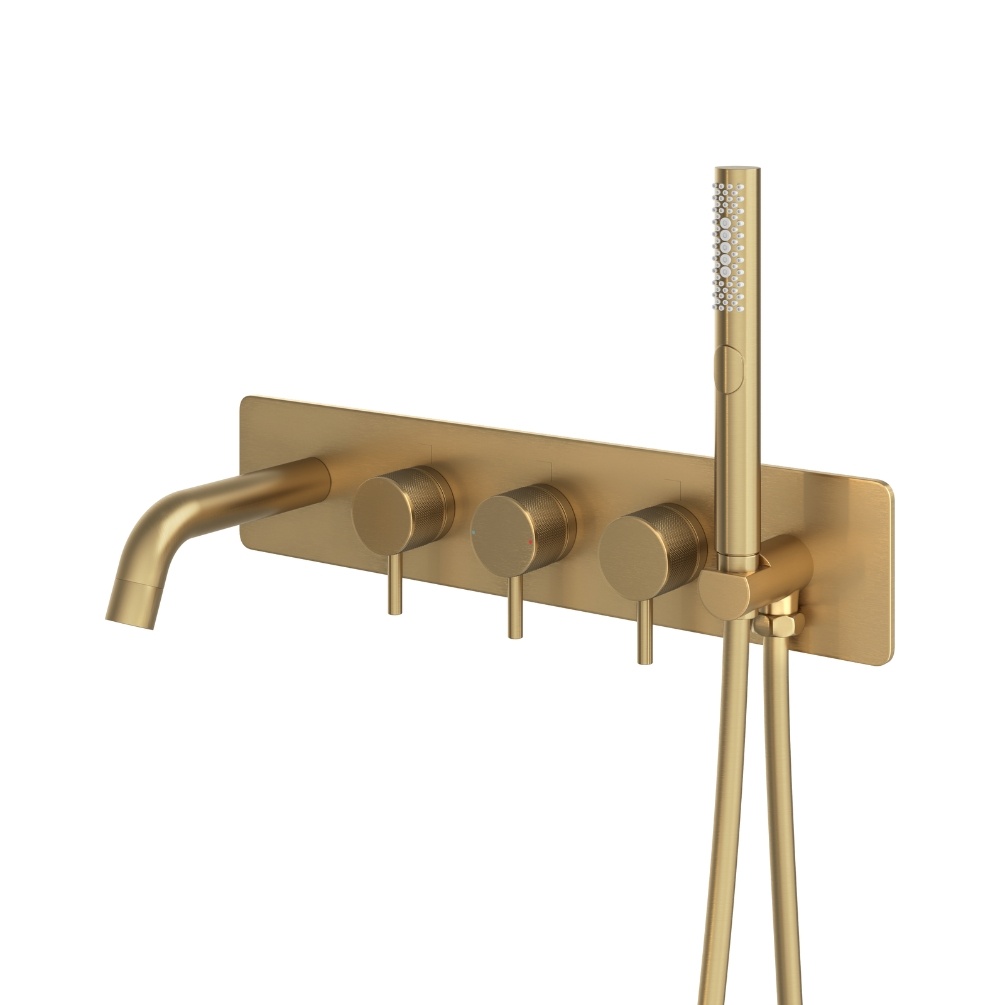 Product Cut out image of the Abacus Iso Pro Brushed Brass Wall Mounted 5 Tap Hole Bath Shower Mixer